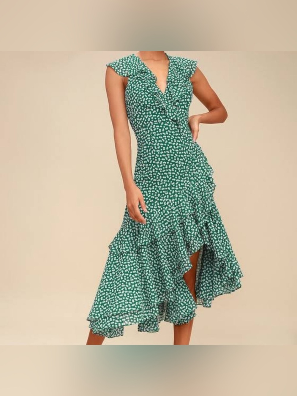 C/MEO Collective Be About You Green Ditsy Floral Wrap Midi Dress